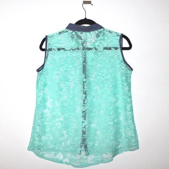 Turquoise Blue Green Lace Button Up Blouse Size Large - Picture 3 of 3